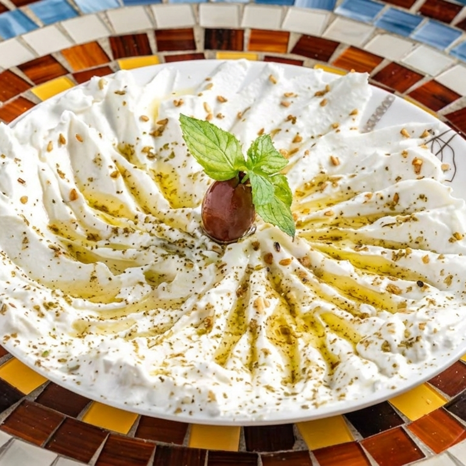 Creamy white dip spread on a plate, drizzled with olive oil and herbs, garnished with mint and an olive.