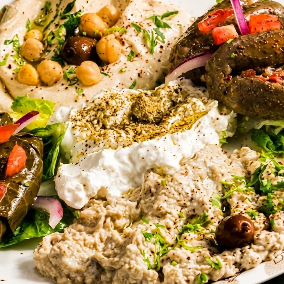 Mediterranean mezze platter featuring hummus, stuffed grape leaves, eggplant, baba ganoush, labneh, vegetables, herbs, and olives.