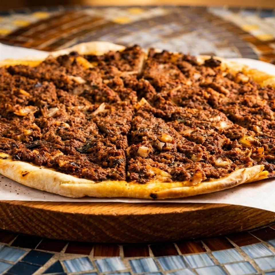 Thin, round flatbread topped with seasoned minced meat, served on parchment over a wooden board and colorful mosaic table.