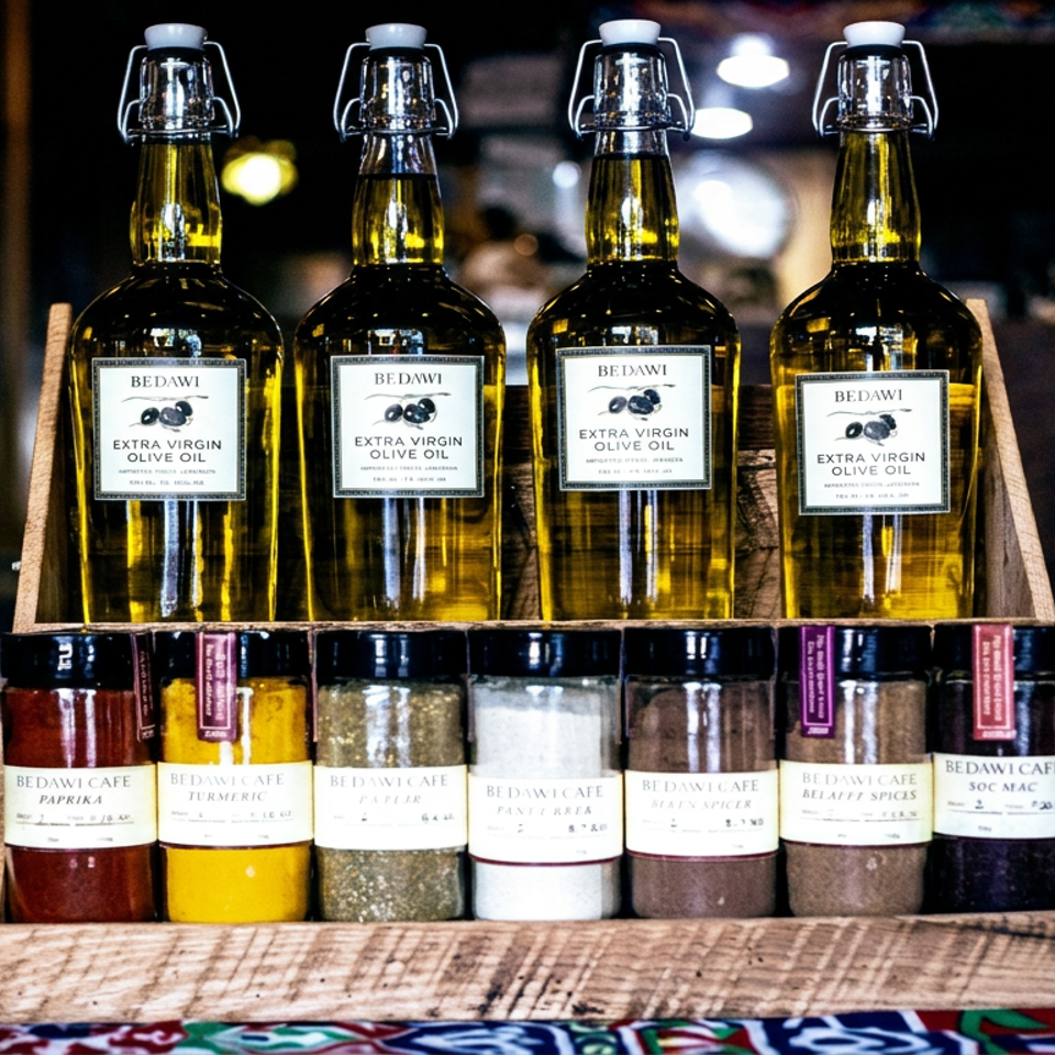 Wooden display stand holding four Bedawi extra virgin olive oil bottles and seven spice jars in a warmly lit restaurant.