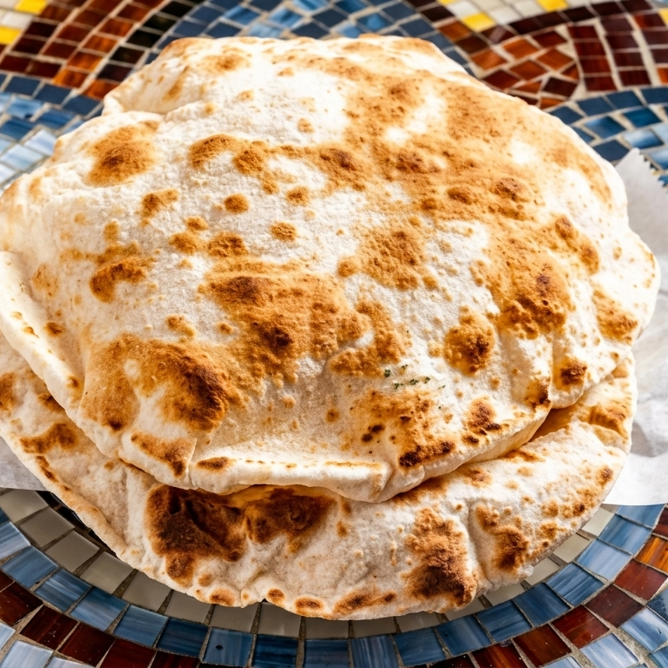 Stack of golden-brown flatbreads rests on parchment atop a colorful mosaic plate.