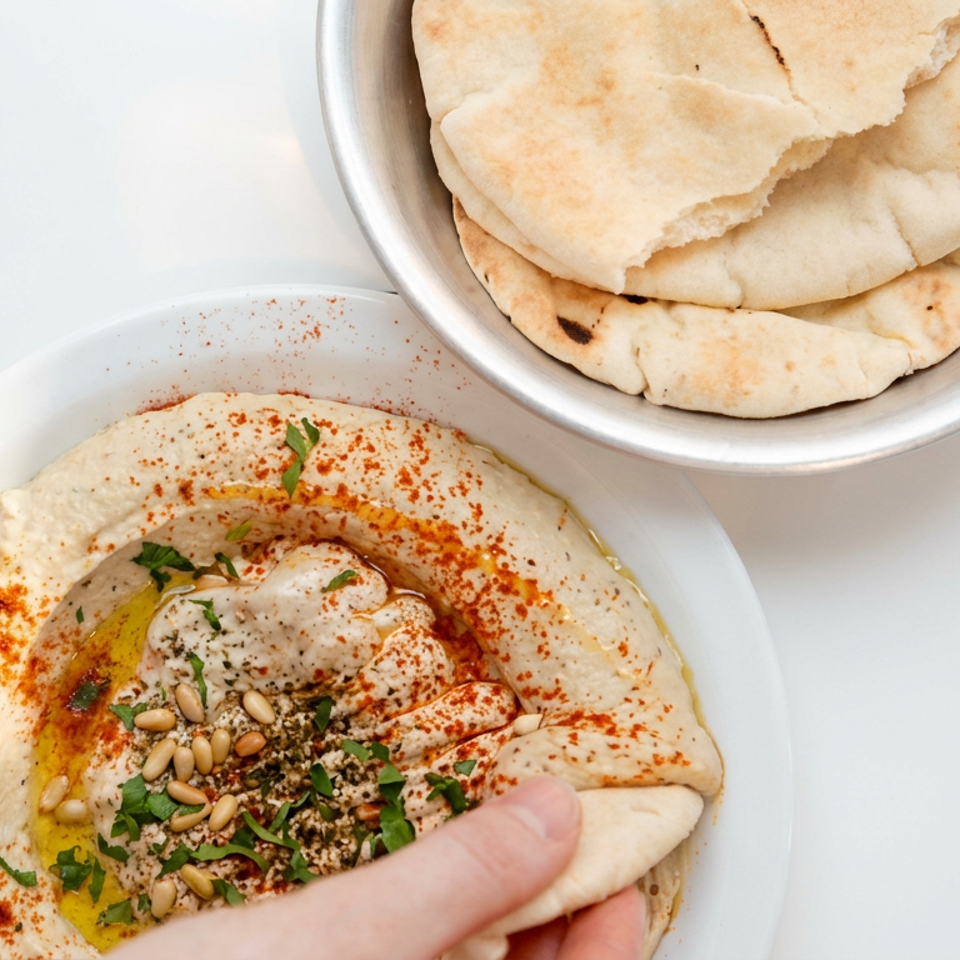 Hummus topped with olive oil, pine nuts, herbs, and spices alongside warm pita bread in metal bowl.