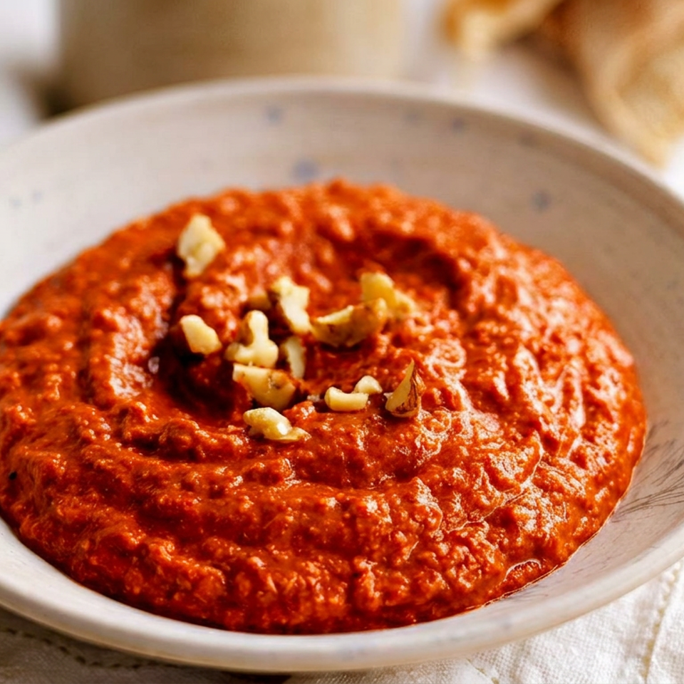 Bowl of thick red dip garnished with crushed nuts, served on a rustic plate atop a white tablecloth.