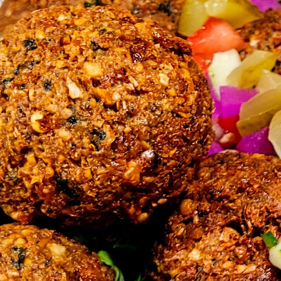 Close-up of crispy spiced fritters served with diced tomatoes, pickles, onions, and cucumbers.