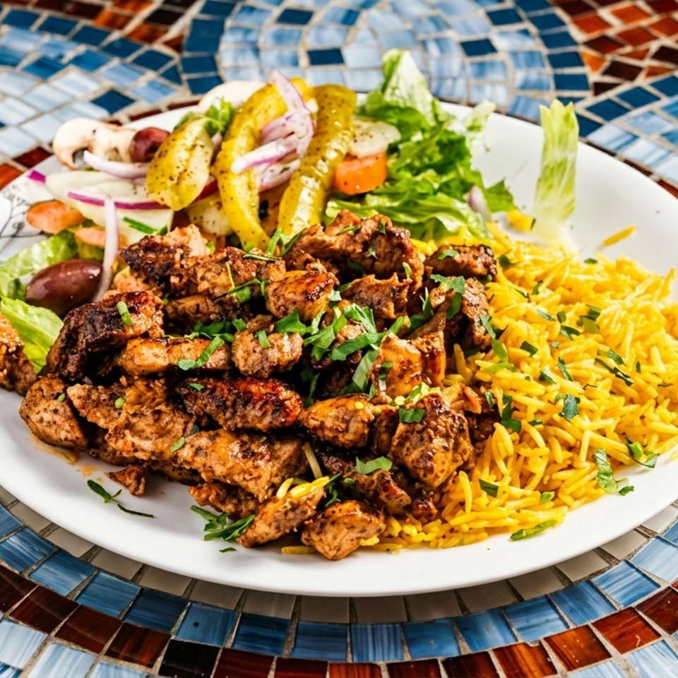 Grilled seasoned meat, yellow rice, and fresh salad served on a white plate atop a colorful mosaic table.