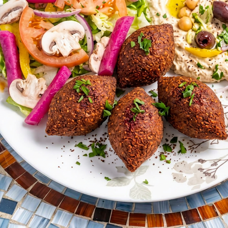 Plate of falafel with hummus, salad, mushrooms, tomatoes, olives, and pickled vegetables on a colorful mosaic table.