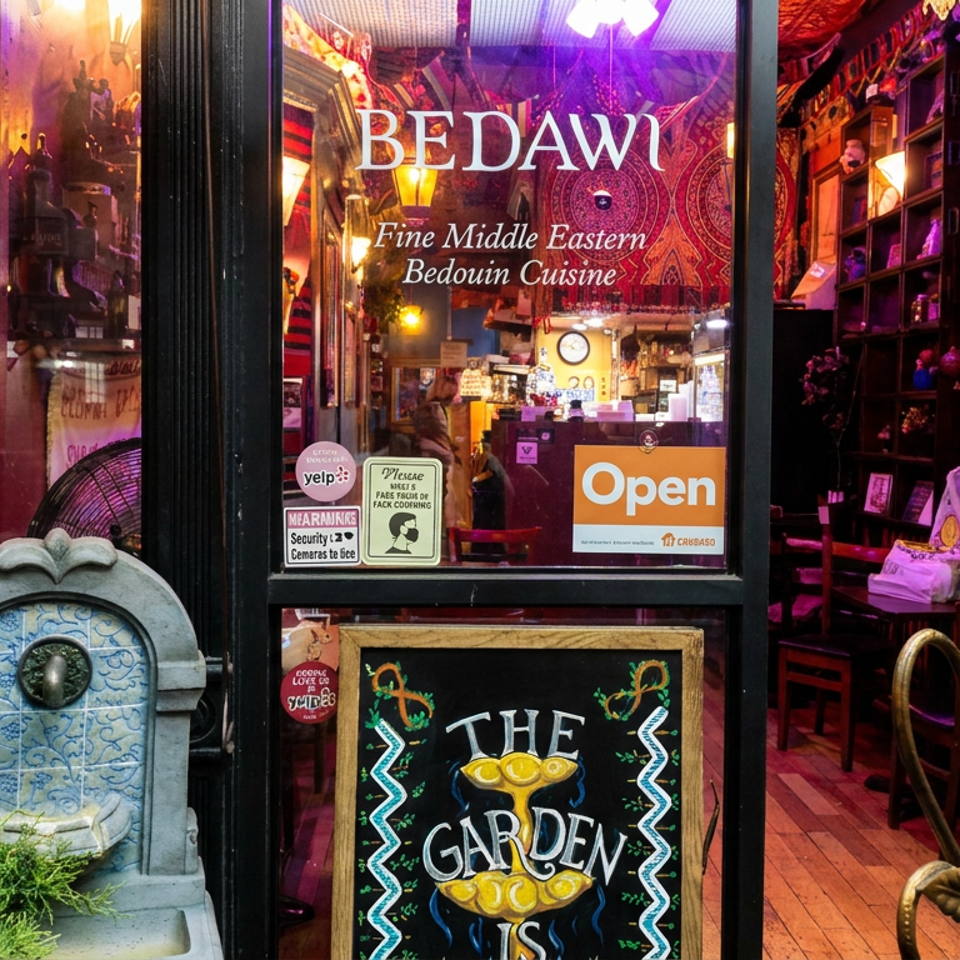 Bedawi fine Middle Eastern restaurant entrance with colorful Bedouin decor, an open sign, chalkboard, and tiled fountain.