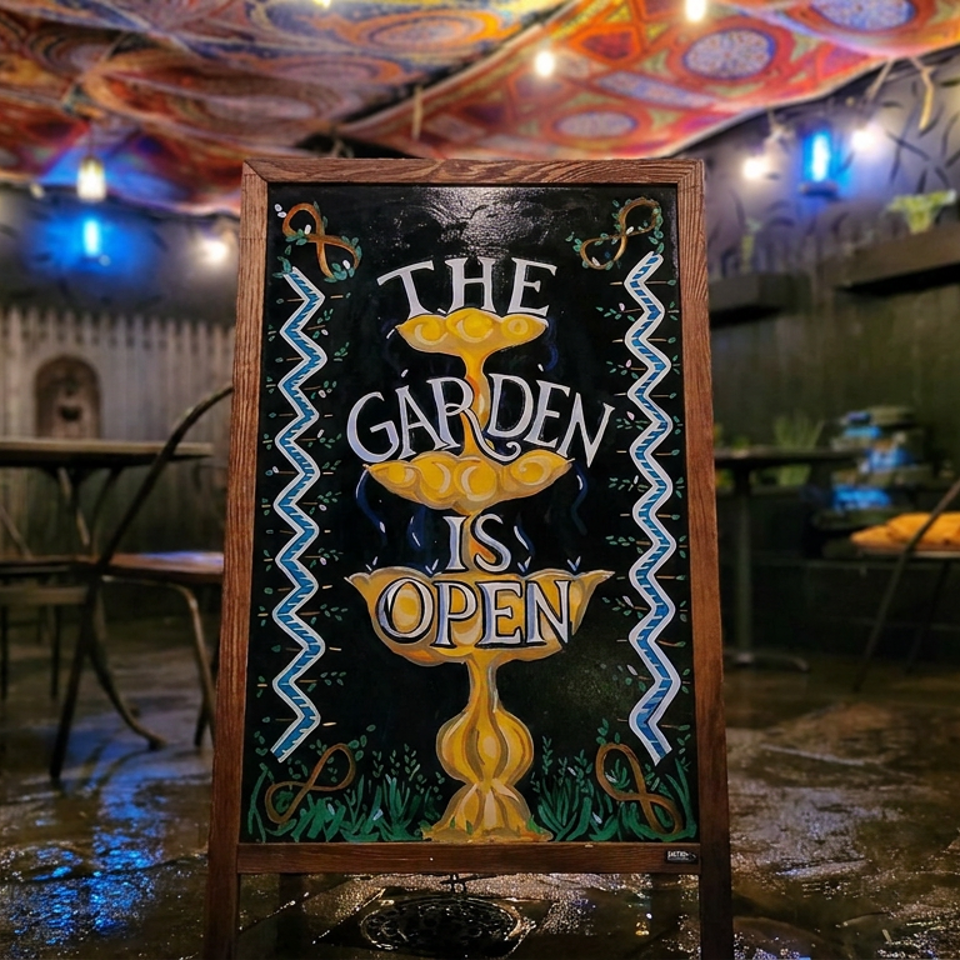 Chalkboard sign reading “The Garden Is Open” stands in a colorful, warmly lit restaurant garden patio with tables and chairs.